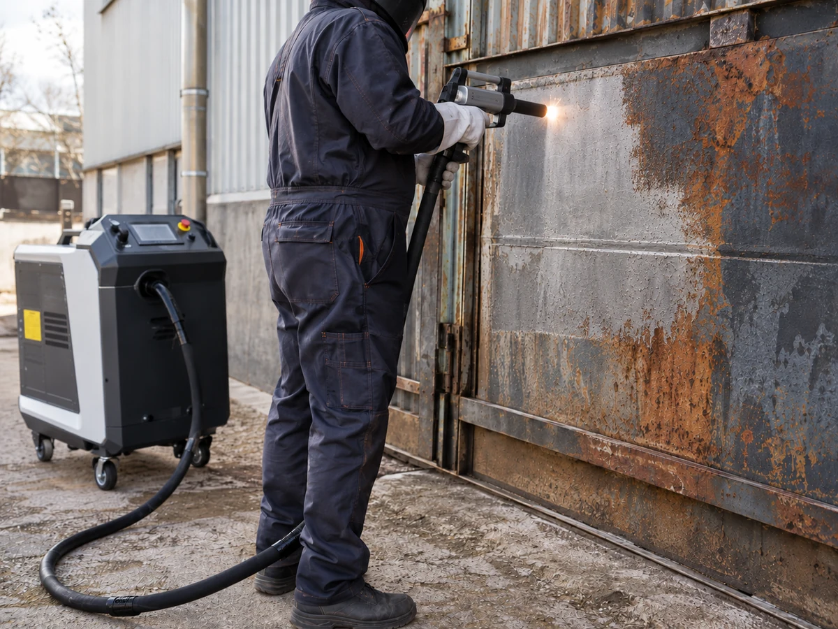 Technieker reinigt een industriële metalen poort